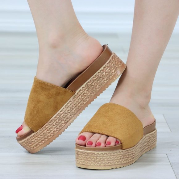 Faux Suede Tan Comfort Platform Sandal Slip On Sliders - Picture 5 of 14